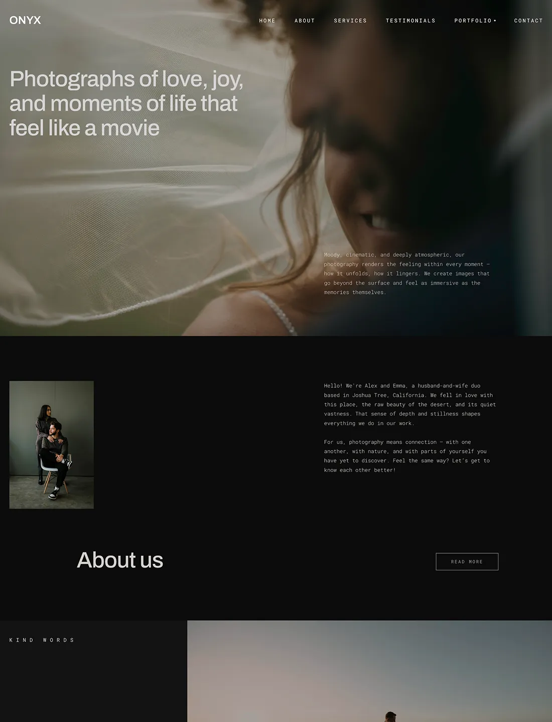 Moody wedding photography website homepage featuring emotional portraits and atmospheric storytelling in a modern black theme layout.