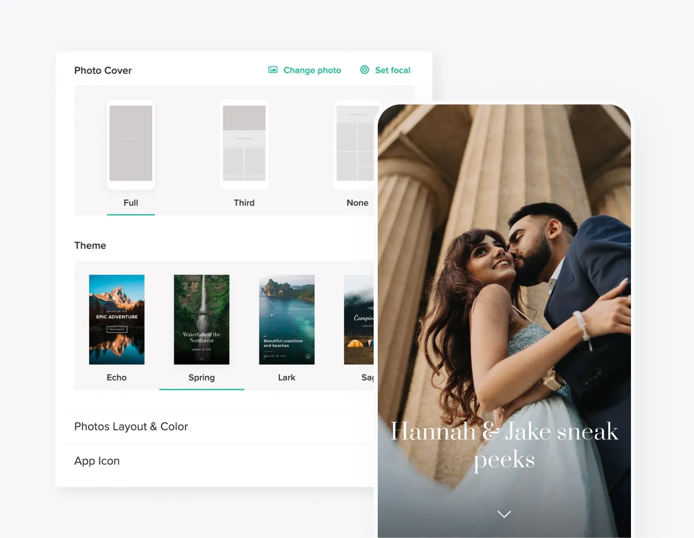 foto.umbii.boo Mobile Gallery App lets photographers give clients a Sneak Peek of their full photoshoot, like in this sneak peek of Hannah and Jake's wedding overlaying the custom layout options.