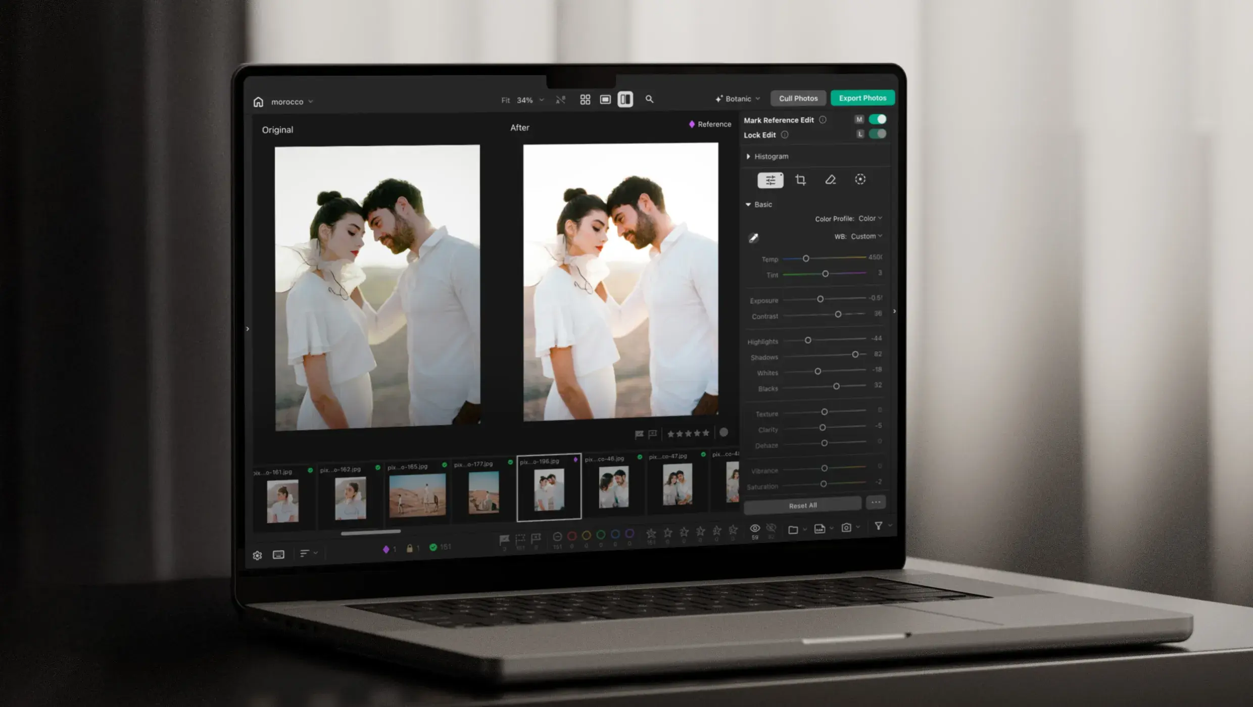 Desktop AI photo editor workspace with before-and-after comparison, adjustment sliders, and batch editing controls.