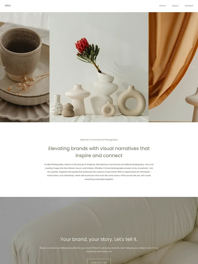 Minimalist commercial and editorial photography website theme featuring earthy product styling, neutral color palette, and clean modern layout.