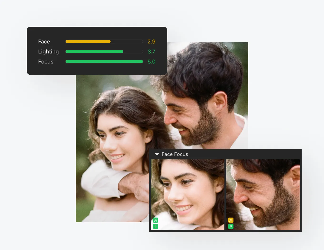 AI photo editor panel showing face detection with image scores for focus, lighting, and expression, helping photographers evaluate and sort portraits more efficiently.