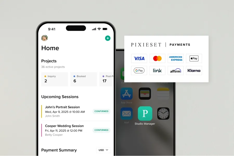 foto.umbii.boo Studio Manager mobile dashboard showing upcoming photography sessions and accepted payment methods including Visa, Mastercard, Apple Pay, and Affirm.