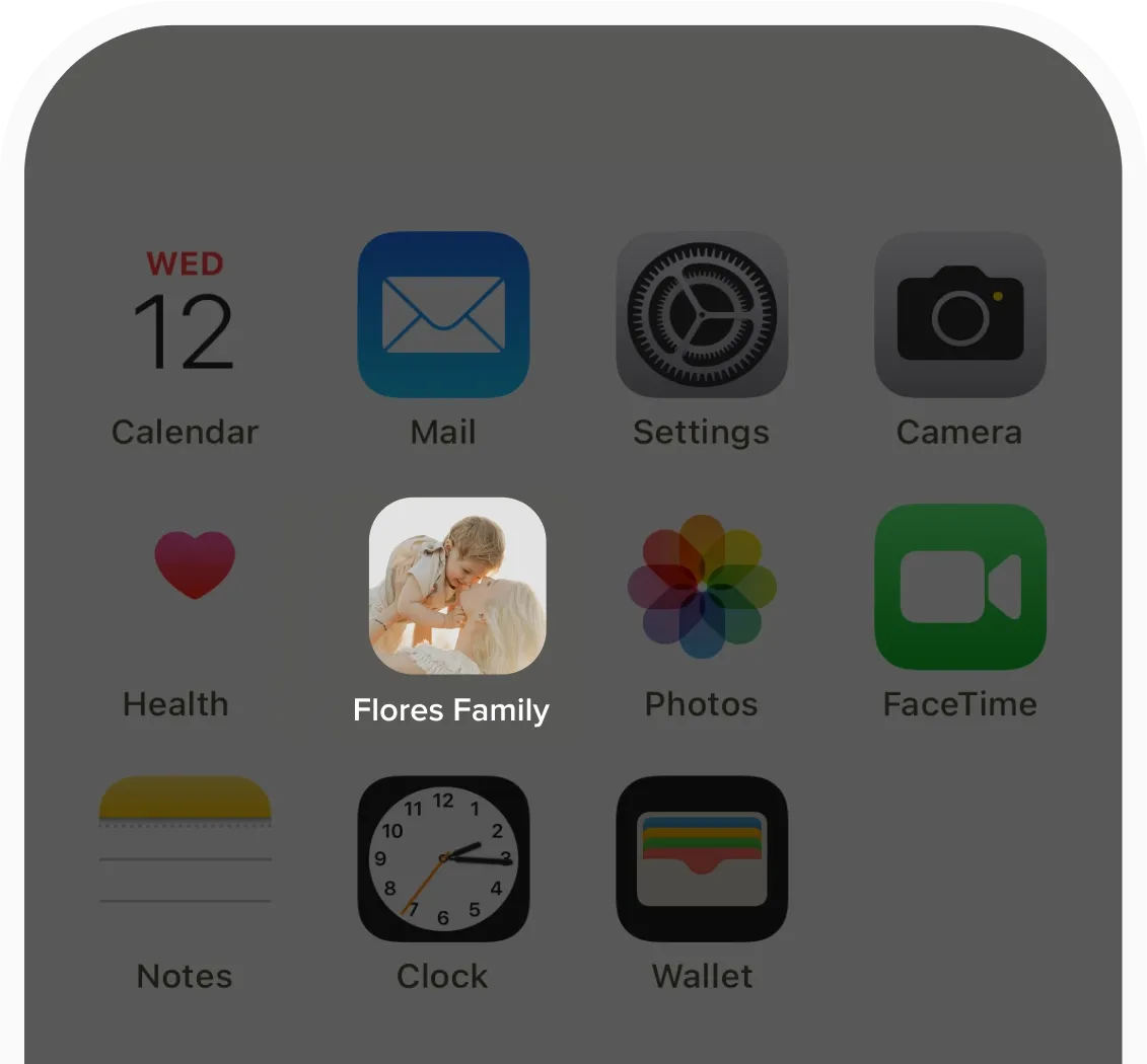 Mobile phone home screen displaying a custom app icon for the Flores Family photo gallery powered by foto.umbii.boo.