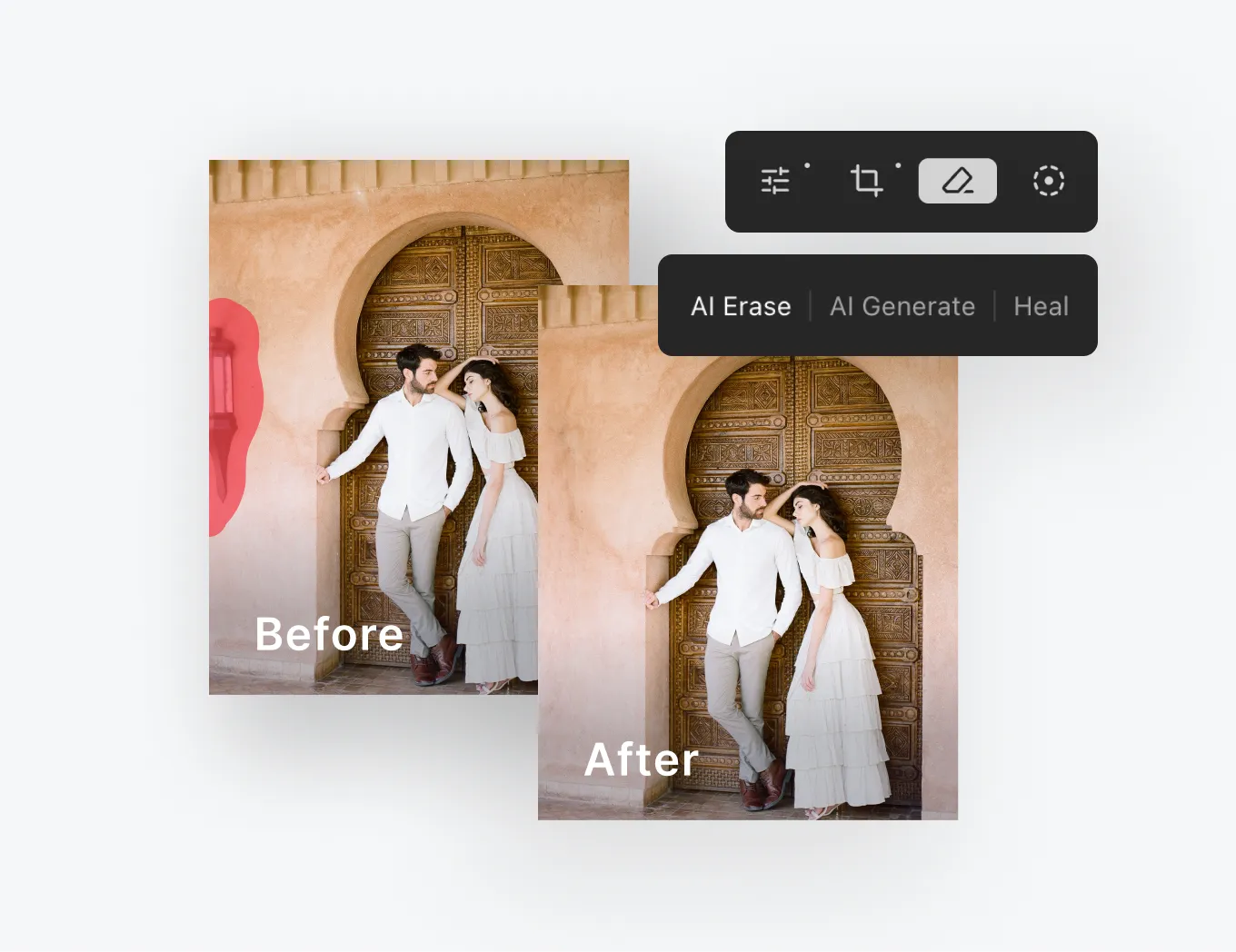 AI photo editing tools demo showing before-and-after of a couple portrait with distractions removed using foto.umbii.boo AI erase, generate, and healing features for clean, professional photography editing.