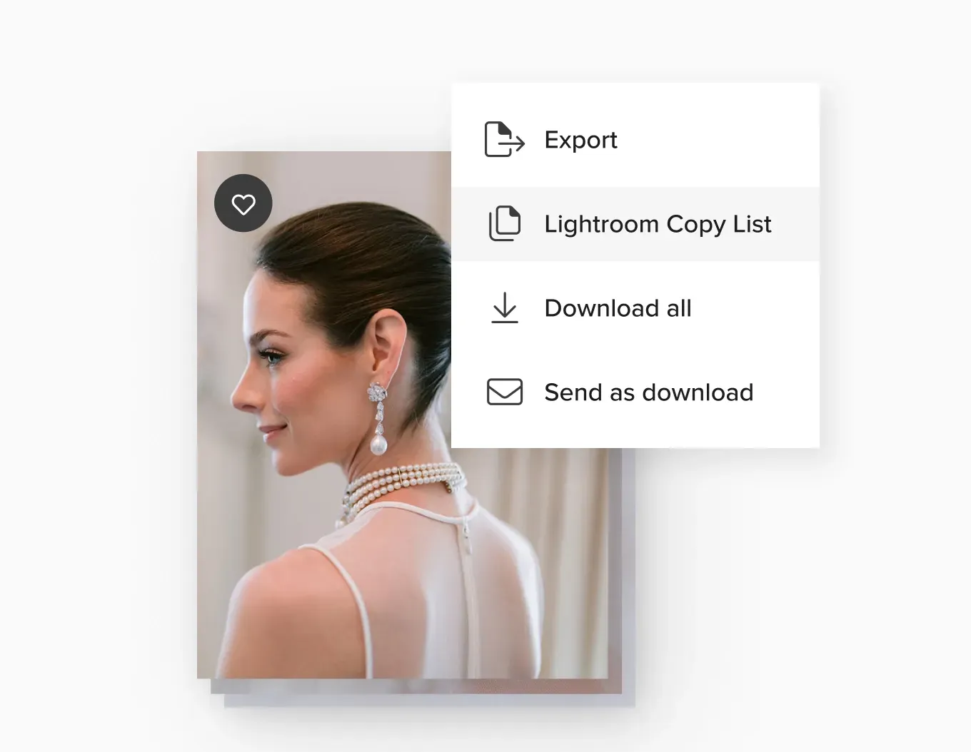 foto.umbii.boo lets you export & download favorites, showing a bride image marked as favorite, with export actions including Lightroom Copy List, Download All, and Send as Download.
