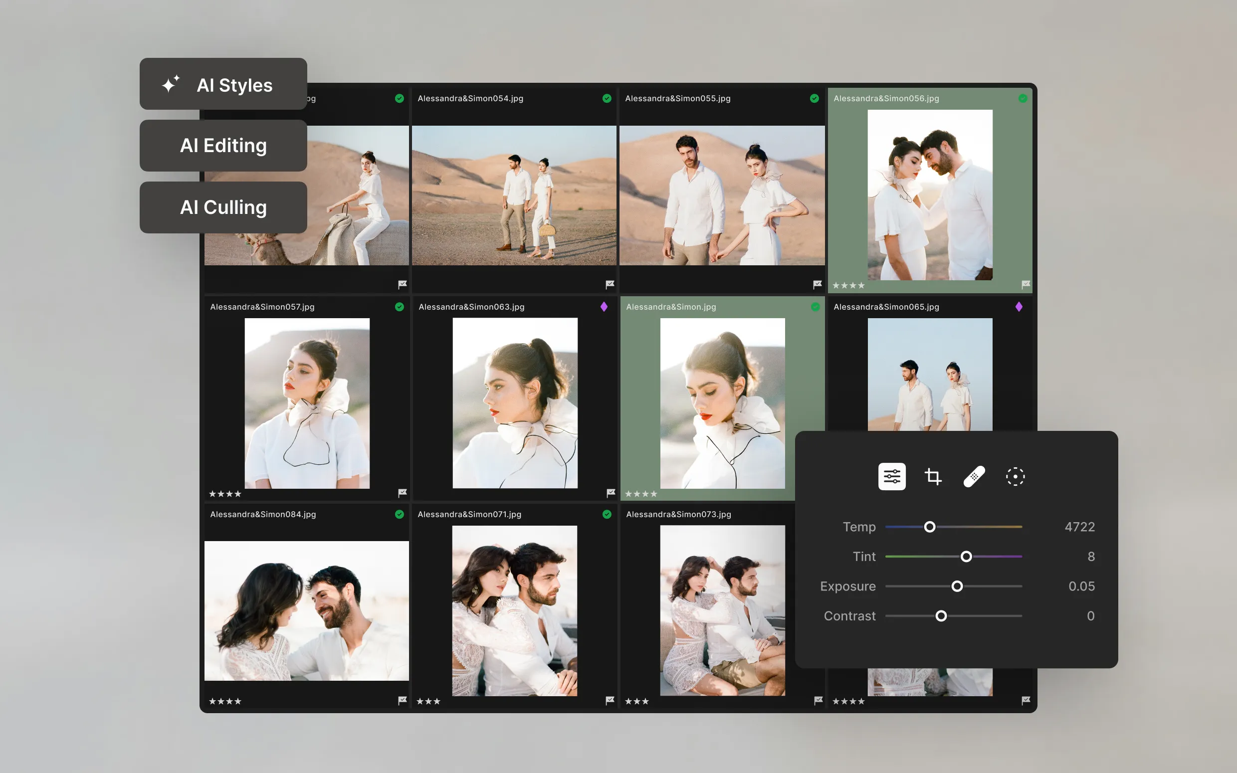 AI Photo Editor for photographers featuring smart culling, AI styles, and batch editing tools in a modern desktop interface.