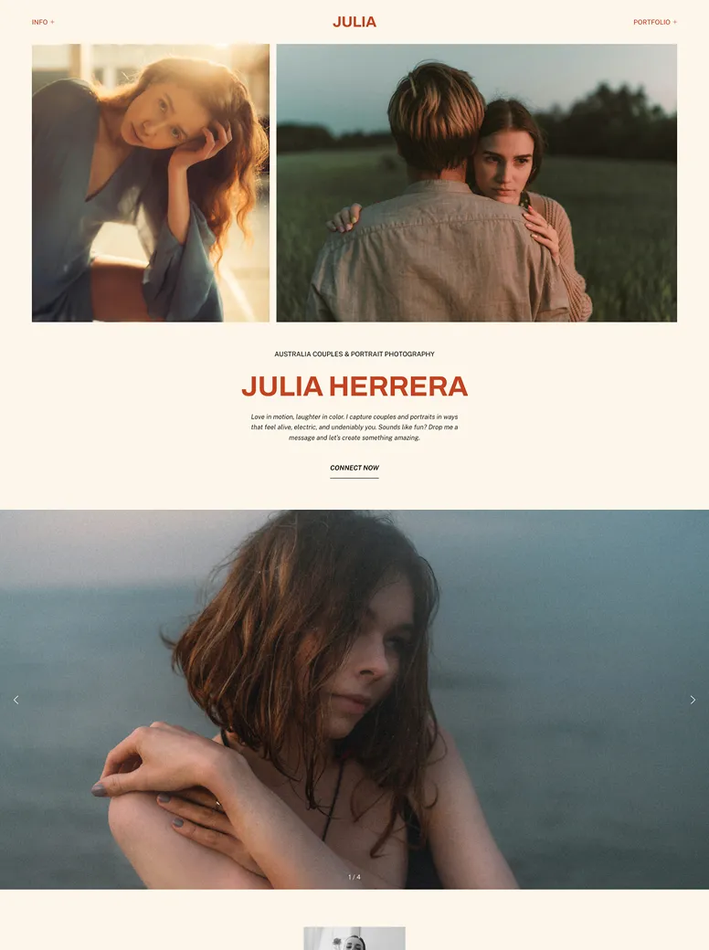 Emotive couples and portrait photography homepage with cinematic storytelling, warm natural light, and an artistic layout designed for intimate, lifestyle photography brands.