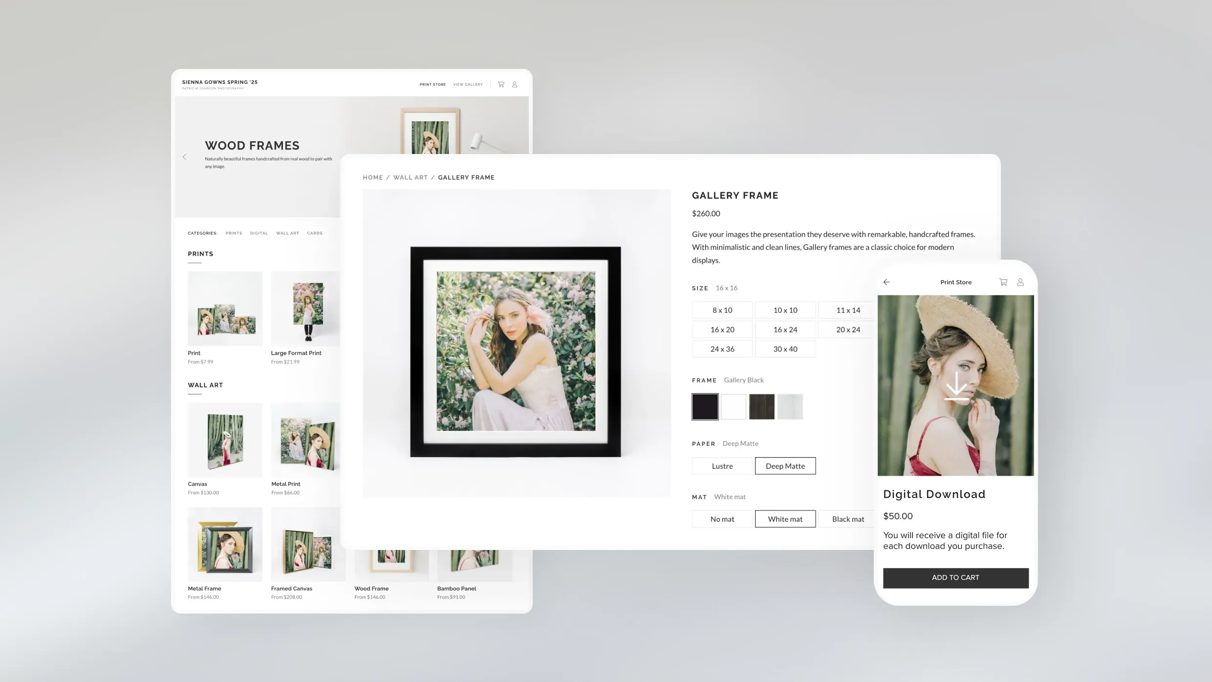 foto.umbii.boo Store lets photographers sell premium prints and digital products online, like this professional storefront showcasing customizable photo frames and wall art.