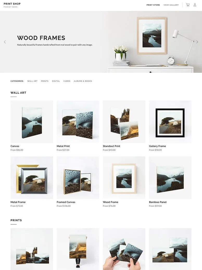 foto.umbii.boo photography print store product page showcasing wood frames and wall art, including canvas prints, metal prints, standout prints, gallery frames, framed canvas, bamboo panels, and various fine art photography prints in modern home décor settings.