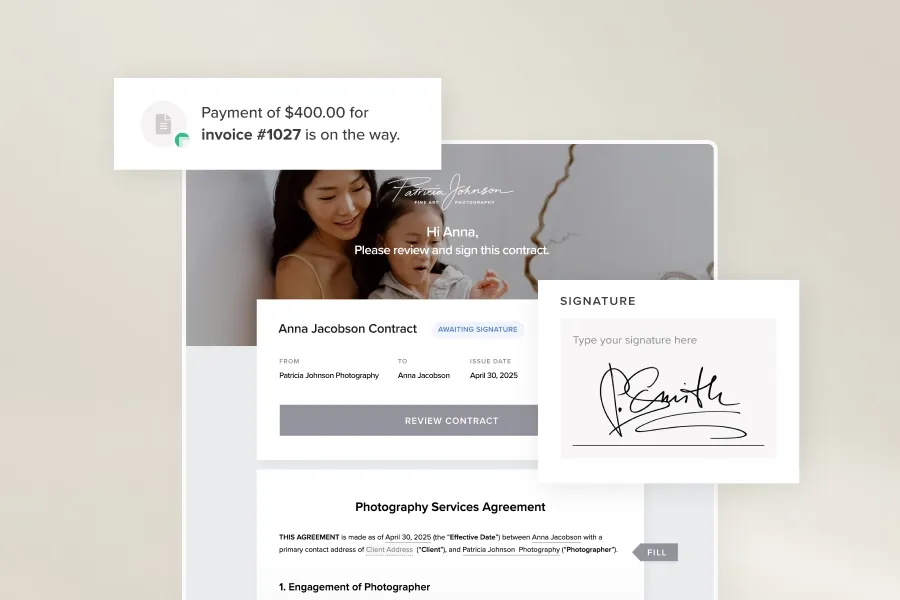 Photography contract interface with digital signature field and invoice notification, part of foto.umbii.boo’s client booking and payment features.