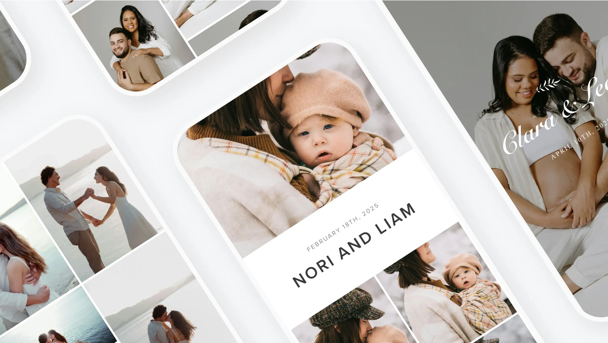 foto.umbii.boo Mobile Gallery App allows photographers to create personalized photo collections, like these family and maternity galleries with custom covers and client names.