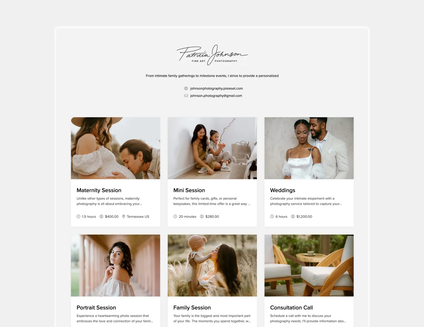 foto.umbii.boo's Studio Manager makes it easy to showcase your services to clients like on this Photography service menu displaying maternity, wedding, and consultation booking options