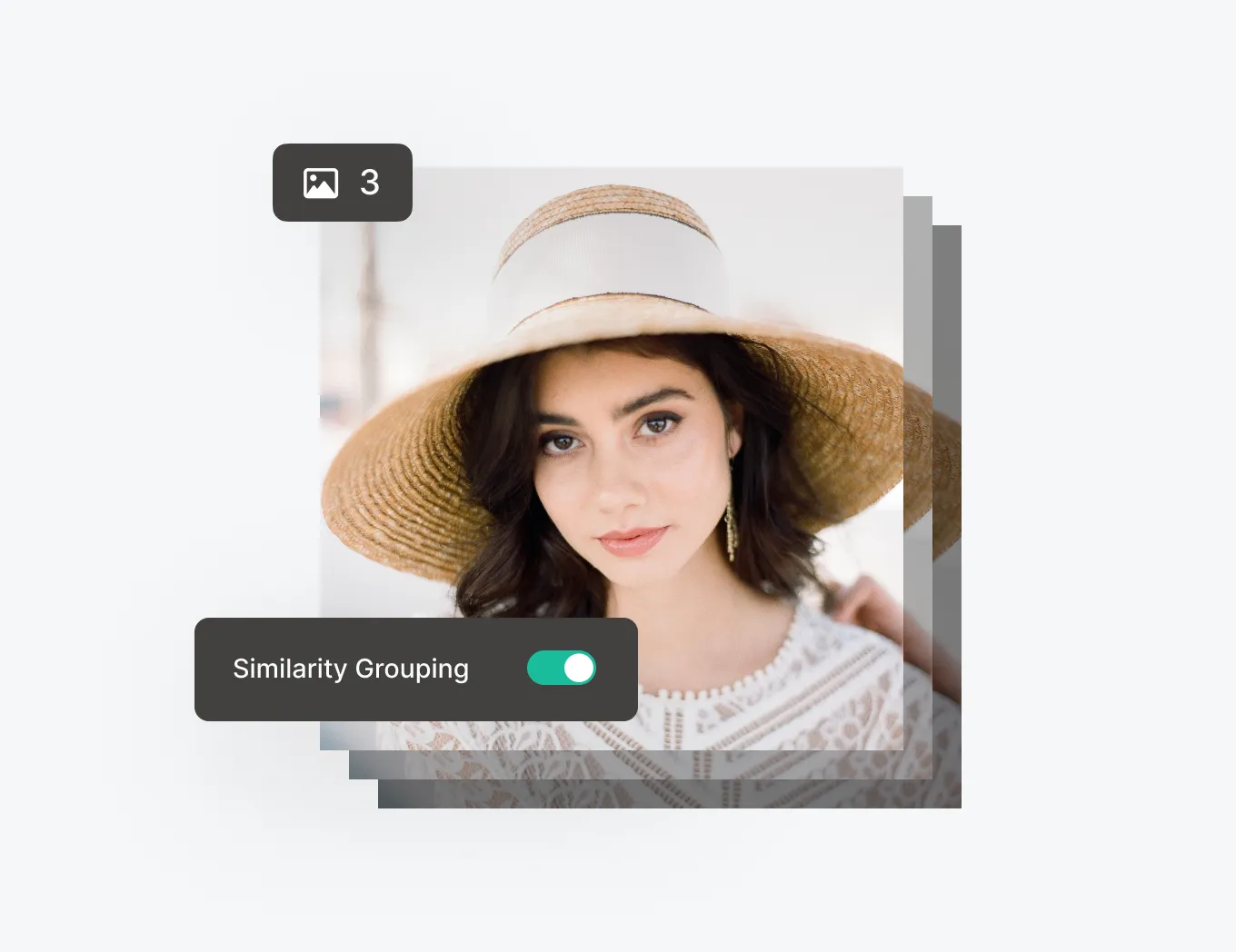 Photo culling software showing similarity grouping with stacked duplicate and burst images, allowing photographers to compare near-identical shots and select the best photo.