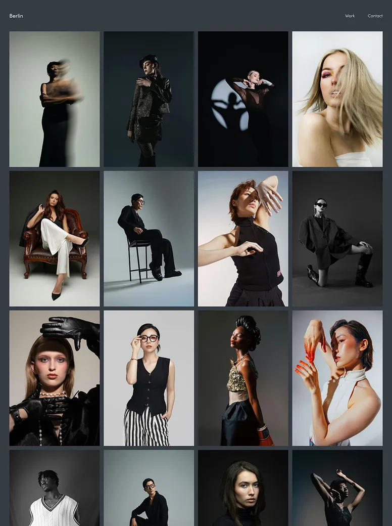 High-fashion photography portfolio website theme with bold editorial portraits, studio lighting, and grid-style gallery layout.