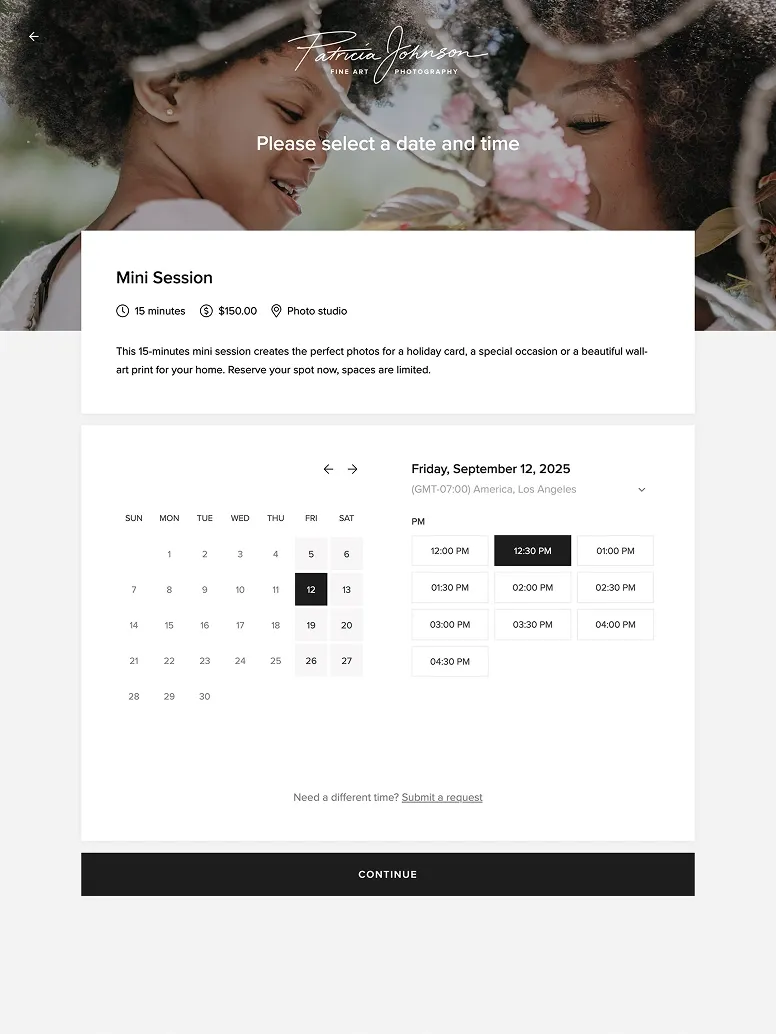 foto.umbii.boo Studio Manager mini session scheduling page booking calendar—photographers let clients pick dates and times easily for fast, professional scheduling.