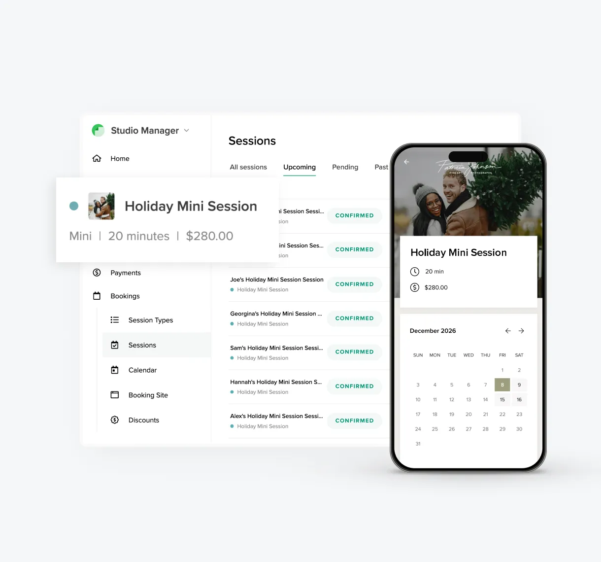 foto.umbii.boo Studio Manager makes it easy to create and book photography mini sessions online, like this holiday shoot scheduled through a mobile calendar and client dashboard.