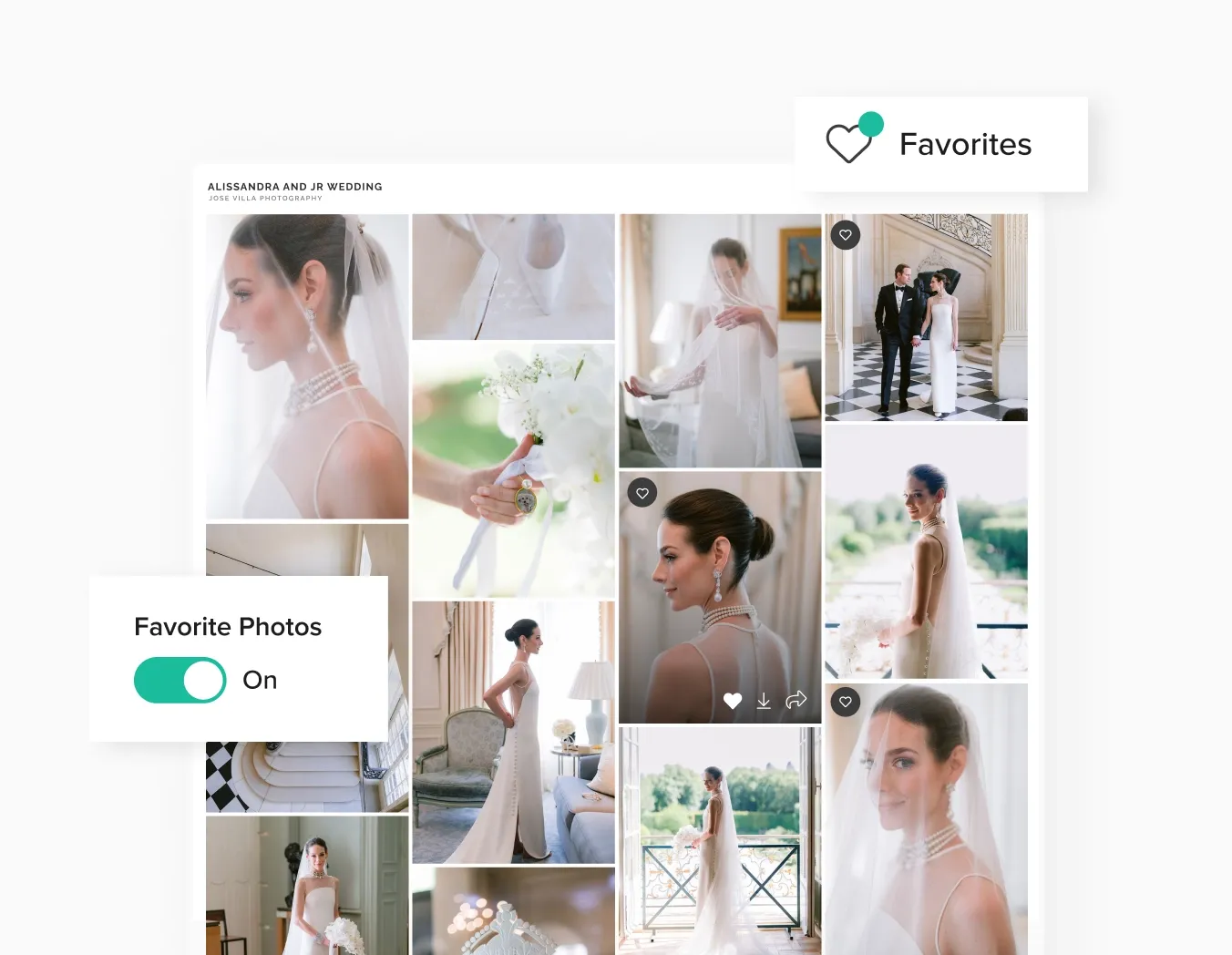 foto.umbii.boo gallery showing client-selected favorite photos from Alissandra and Jr's wedding by Jose Villa Photography with heart favorite icons and toggle enabled
