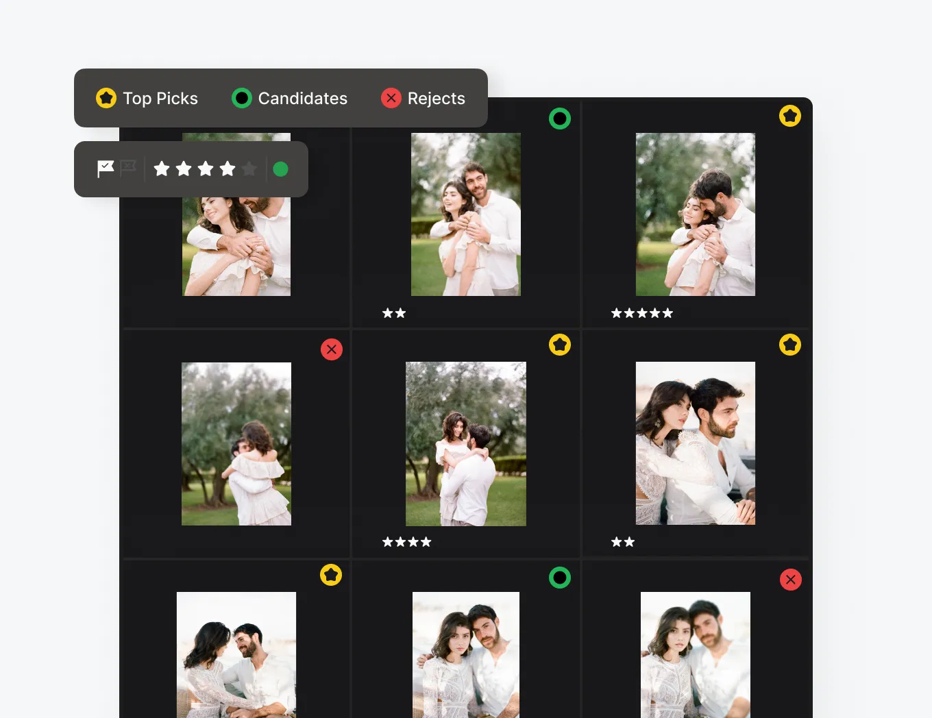 AI culling tool displaying automatic keeper selections with star ratings and color labels, enabling photographers to control how many images are kept and train the AI to match their preferences.