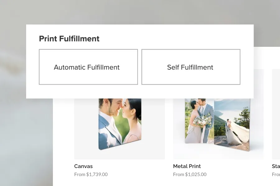 foto.umbii.boo store screen showing automatic and self-fulfillment options for print products.