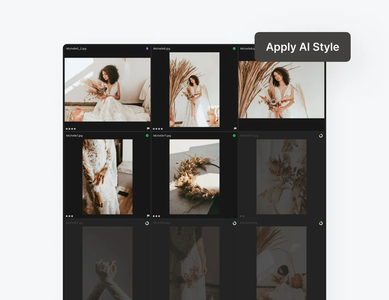 AI batch photo editing interface applying consistent color correction and exposure adjustments across multiple portraits, streamlining wedding and portrait post-production.