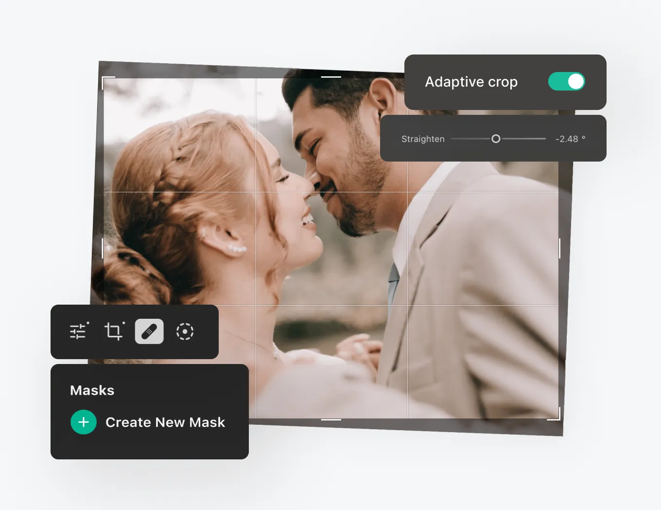 AI-powered editing tools demonstrating adaptive crop, image straightening, and masking adjustments on a wedding portrait to automate precise composition refinements.