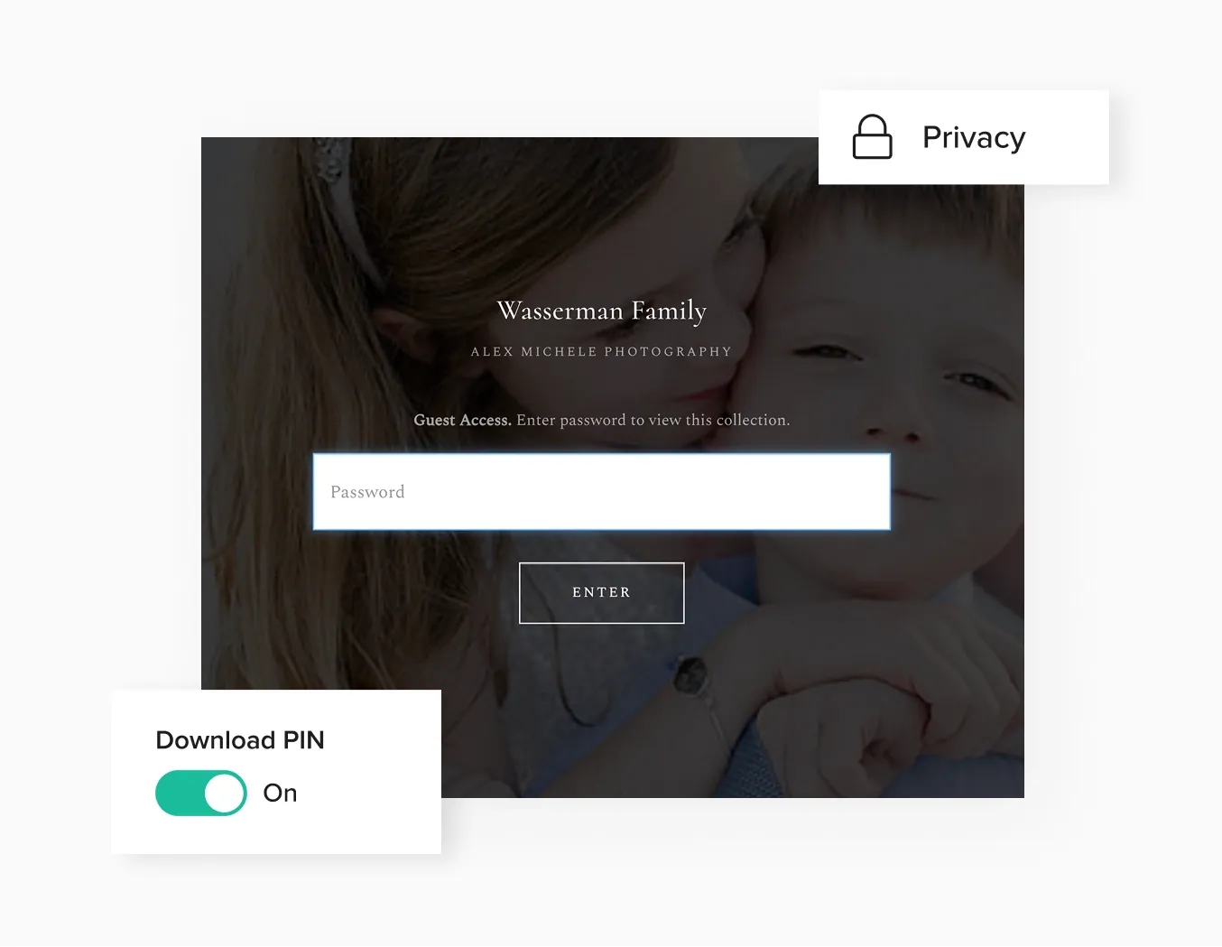 Password-protected client gallery with download PIN—foto.umbii.boo ensures secure photo delivery with customizable privacy and access controls.