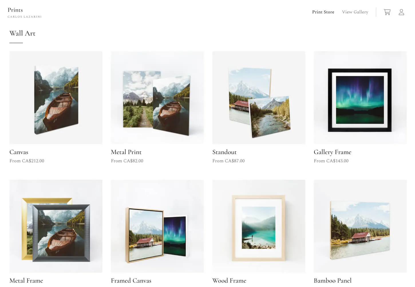 Product listing for wall art in the foto.umbii.boo Store, displaying various print options such as canvas, metal, standout, gallery frames, and wood frame from Carlos Lazzarini.