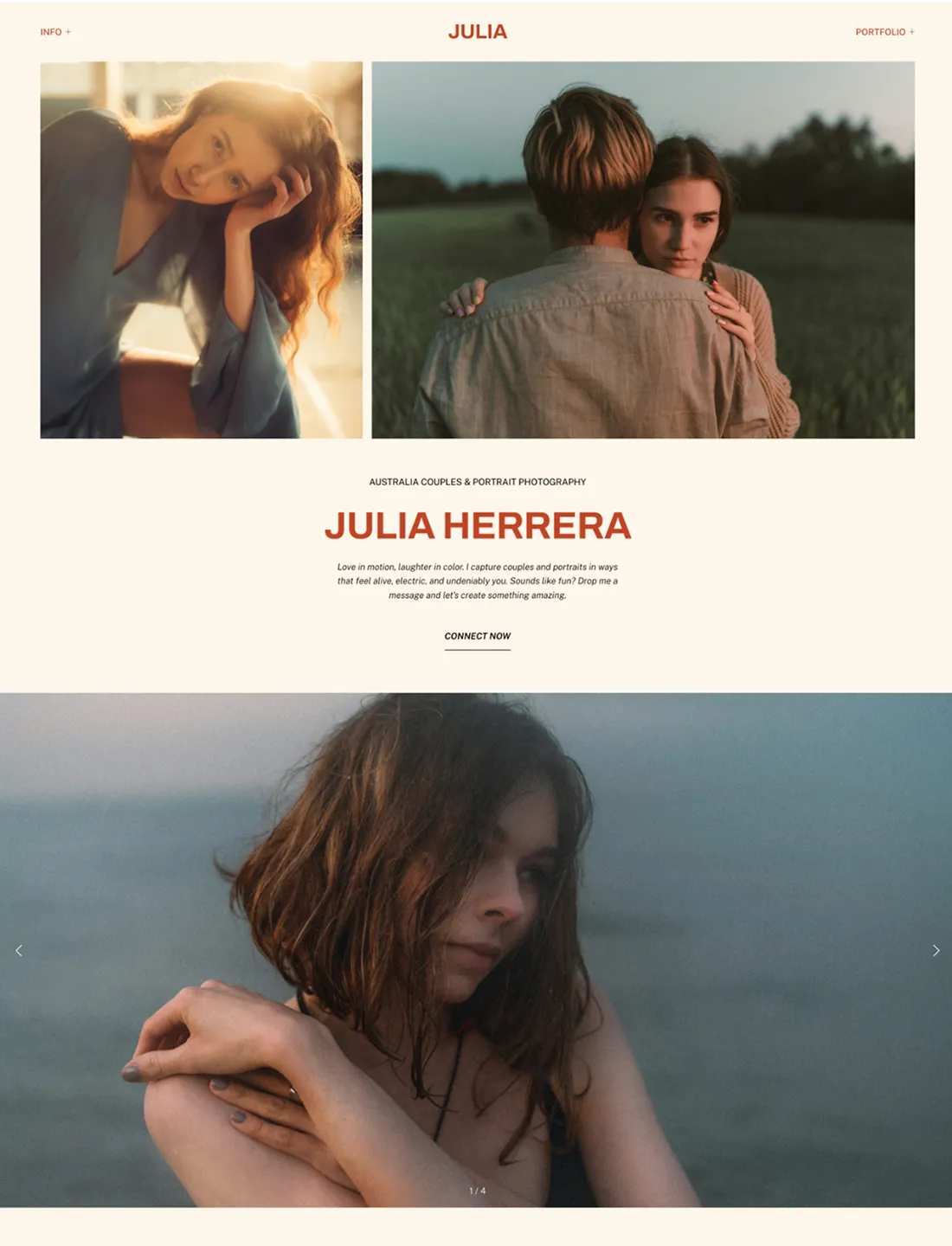 Emotive couples and portrait photography homepage with cinematic storytelling, warm natural light, and an artistic layout designed for intimate, lifestyle photography brands.