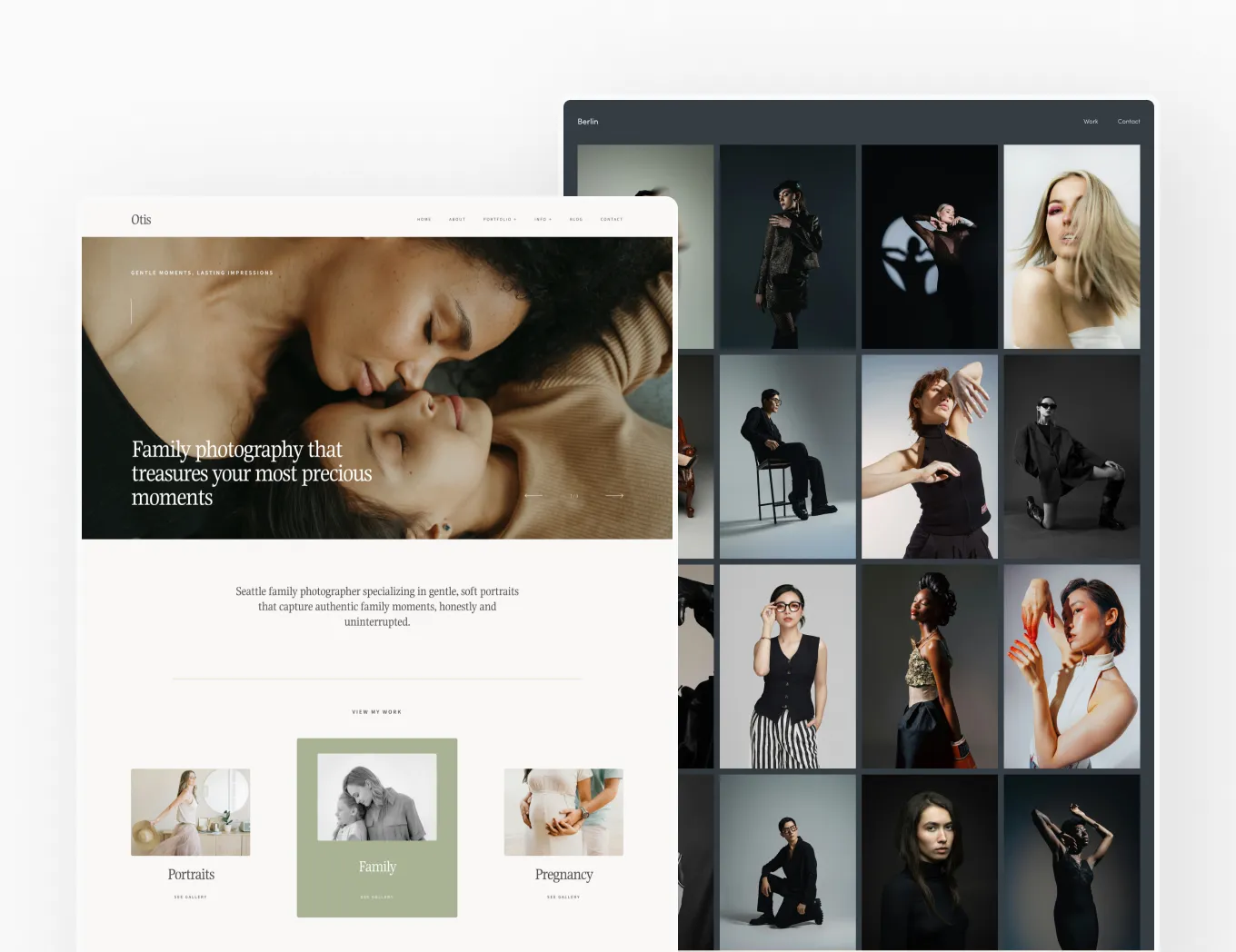 foto.umbii.boo Website makes it easy to showcase your work in elegant designs, like this portfolio mixing family portraits and fashion - just add your own text & images!